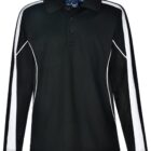 Black and white long-sleeve polo shirt with a collar and buttoned front.