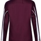Maroon long-sleeve sports jacket with white stripes on sleeves, viewed from the back.