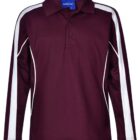 Maroon long-sleeve polo shirt with white shoulder stripes.