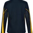Back view of a navy jacket with yellow accents on the sleeves.
