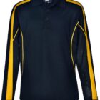Black polo shirt with gold stripes on sleeves and mesh inserts.