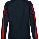 Navy blue jacket with red stripes on the sleeves, viewed from the back.
