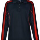 Black long-sleeve polo shirt with red stripes along the sleeves and sides.