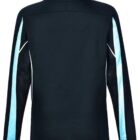 Back view of a black long-sleeve shirt with light blue and white stripes on the sleeves.