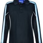 Black long-sleeve polo shirt with light blue and black striped sleeves.