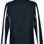 Back view of a black jacket with white stripes on the sleeves.