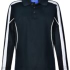 Black long-sleeve polo shirt with white stripes on the arms.