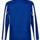 Blue long-sleeve shirt with white side stripes, back view.