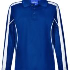 Blue long-sleeve polo shirt with white stripes on the sleeves.