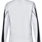 White long-sleeve shirt with black side stripes, viewed from the back.