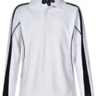 White long-sleeve polo shirt with black stripe accents on shoulders and sleeves.