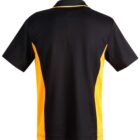 Back view of a short-sleeved black polo shirt with yellow side panels.