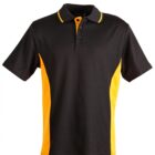 Black and orange short-sleeve polo shirt with yellow collar accents.