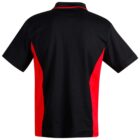 Black and red collared sports shirt, viewed from the back.