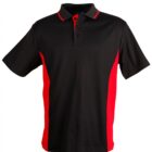Black polo shirt with red side panels and a red-trimmed collar, on a white background.