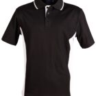 Black polo shirt with white side panels and collar trim.