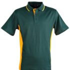 Dark green polo shirt with yellow side panels and collar trim.