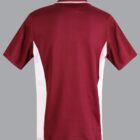 Back view of a maroon and white polo shirt on a gray background.