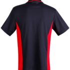 Black polo shirt with red side panels, viewed from the back.