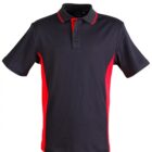 Black and red polo shirt with a collar and buttons.