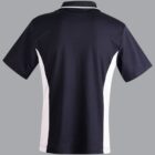 Black polo shirt with white side panels on gray background.