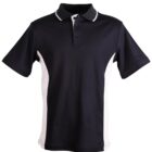 Black polo shirt with white side panels and collar detail.