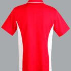 Red and white short-sleeve sports shirt on a gray background.