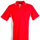 Red and white polo shirt with short sleeves and a collar.