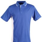 Blue polo shirt with white side panels and a buttoned collar.