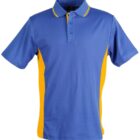 Blue polo shirt with yellow side panels and collar trim.