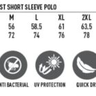 Polo shirt size chart with features: TrueDry, moisture-wicking, UV protection, and more.
