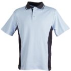Light blue polo shirt with dark side panels and a black collar.