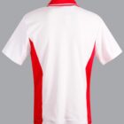 White and red polo shirt on a gray background, view from the back.