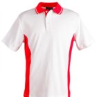 White and red polo shirt, short sleeves, with buttoned collar.