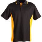 Black polo shirt with yellow side panels and yellow-trimmed collar.