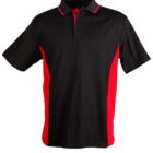 Black polo shirt with red side panels and red accents on the collar and sleeves.