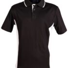 Black polo shirt with white side panels and a white-lined collar.