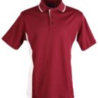 Red polo shirt with white side panels, short sleeves, and buttoned collar.