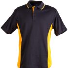 Black polo shirt with yellow side panels and yellow-trimmed collar on a white background.