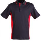 Black polo shirt with red side panels and collar accents.