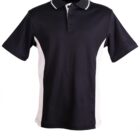 Black and white polo shirt with short sleeves and buttoned collar.
