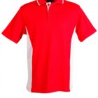 Red polo shirt with white side panels and a buttoned collar.