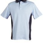 Light blue polo shirt with black side panels and a black collar.