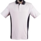 White polo shirt with black side panels and a collar.