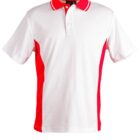 White polo shirt with red accents on sides and collar, short sleeves, and buttoned placket.