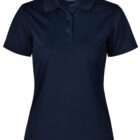Dark blue collared polo shirt with buttons, front view.