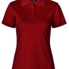 Red womens polo shirt with short sleeves and a collar.
