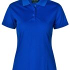 Blue short-sleeve polo shirt with collar and buttons on white background.