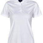 White womens polo shirt on a plain background.