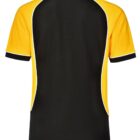 Back view of a black polo shirt with yellow sleeves and white accents.